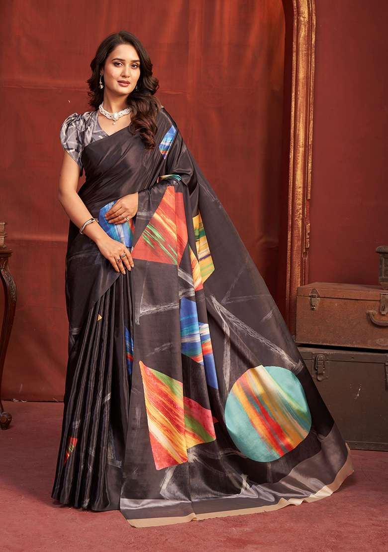 Black Printed Crepe Saree Set for Diwali and Festive Wear - Indya