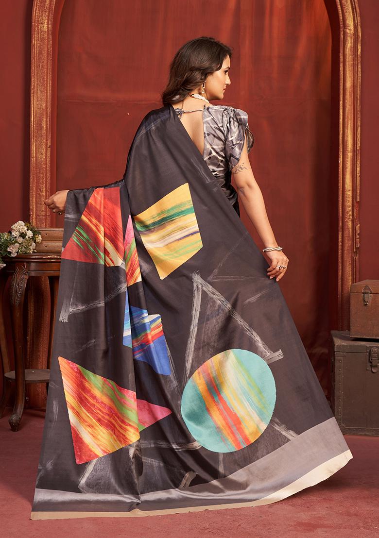 Black Printed Crepe Saree Set - Indya