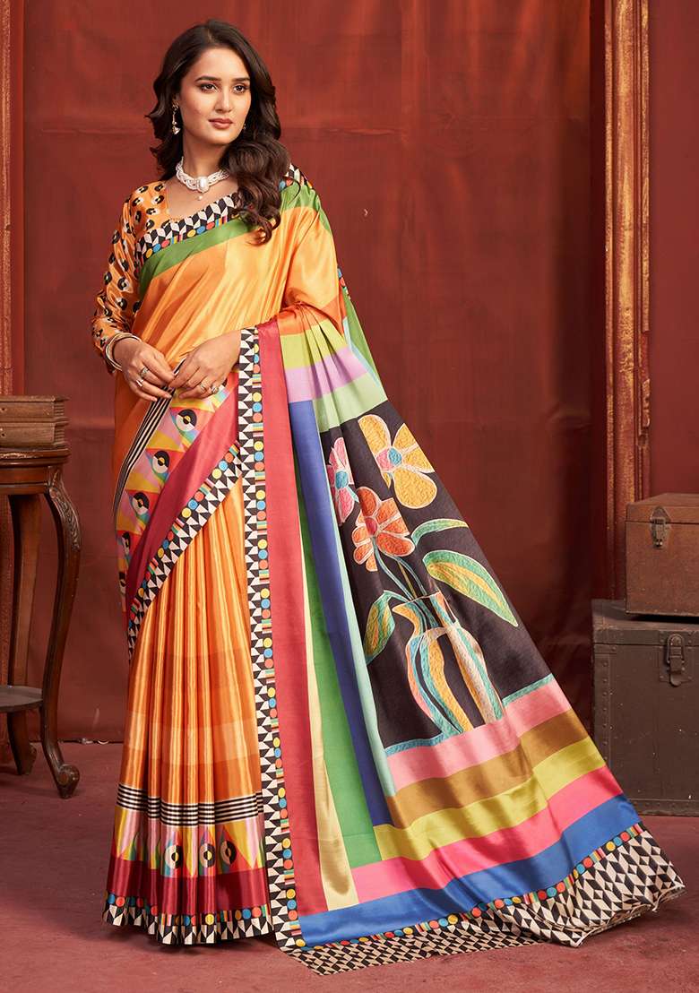 Orange Printed Crepe Saree Set for Diwali and Festive Wear - Indya
