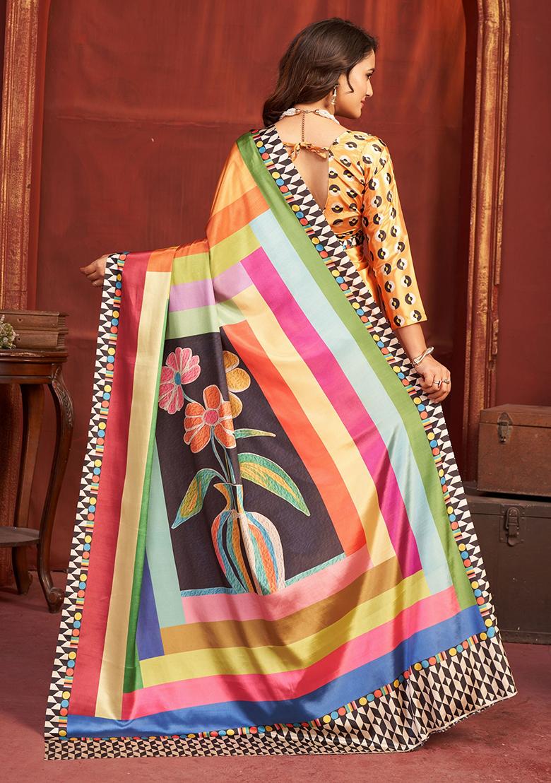 Orange Printed Crepe Saree Set - Indya