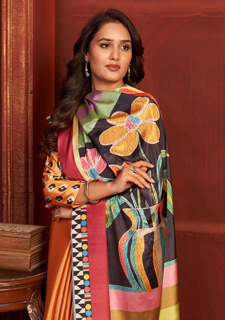Orange Printed Crepe Saree Set for Diwali and Festive Wear - Indya