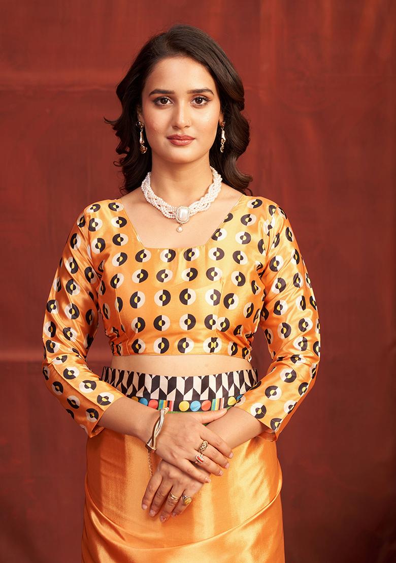 Orange Printed Crepe Saree Set - Indya