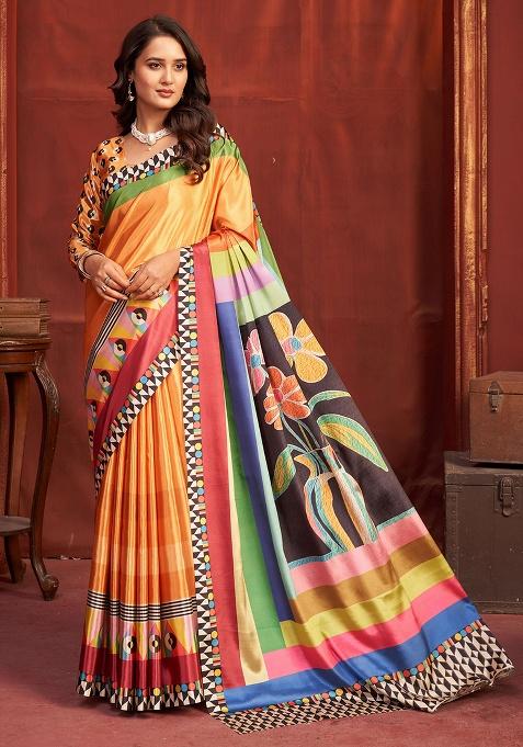 Orange Printed Crepe Saree Set