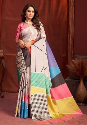 Grey Printed Crepe Saree Set