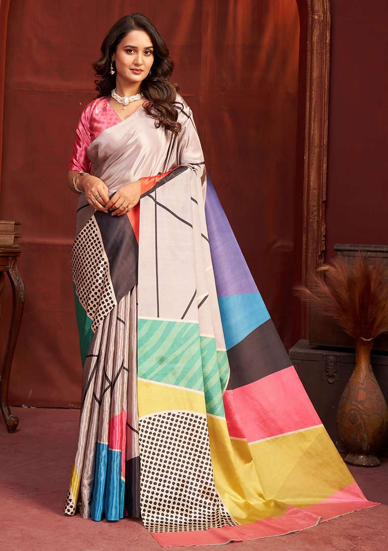 Grey Crepe Saree Set with Printed for Diwali | Wedding & Festive Wear - Indya
