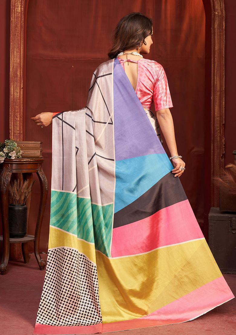 Grey Printed Crepe Saree Set - Indya