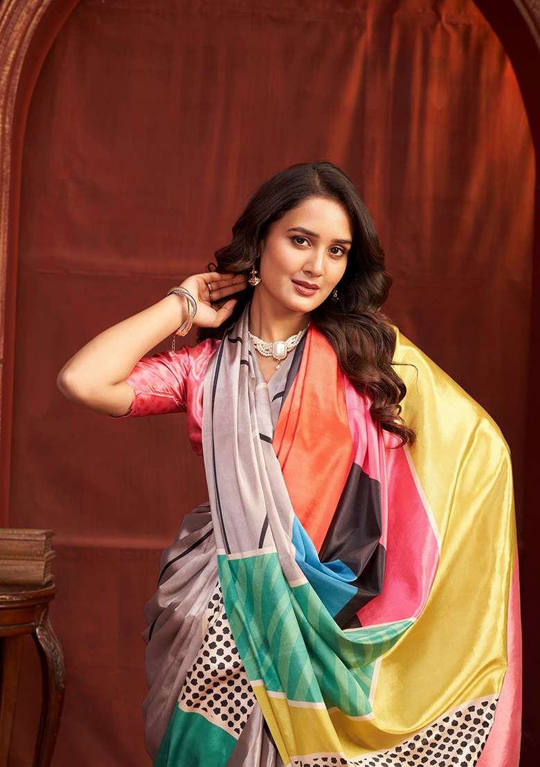 Grey Crepe Saree Set with Printed for Diwali | Wedding & Festive Wear - Indya