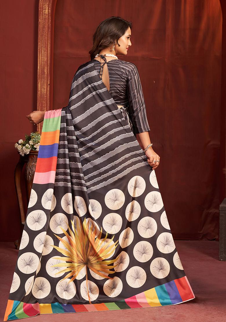 Black Printed Crepe Saree Set - Indya