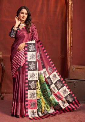 Red Printed Crepe Saree Set