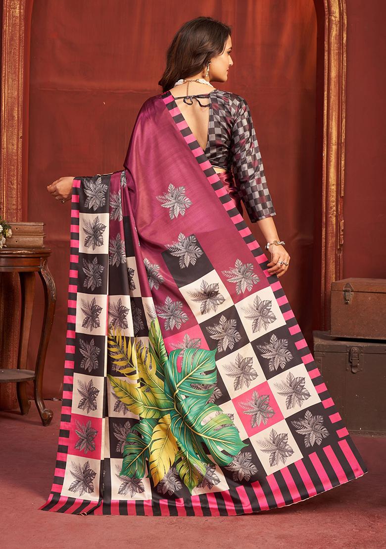 Red Printed Crepe Saree Set - Indya
