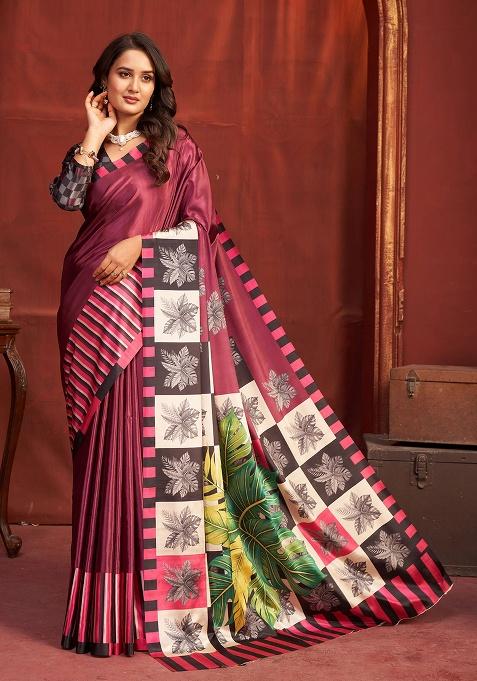 Red Printed Crepe Saree Set
