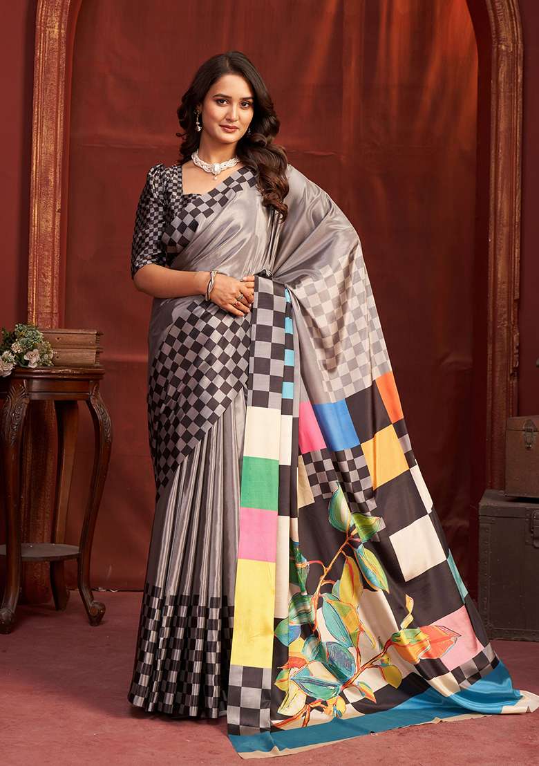 Grey Printed Crepe Saree Set for Diwali and Festive Wear - Indya