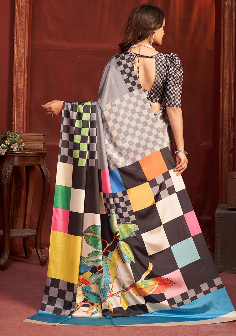 Grey Printed Crepe Saree Set - Indya