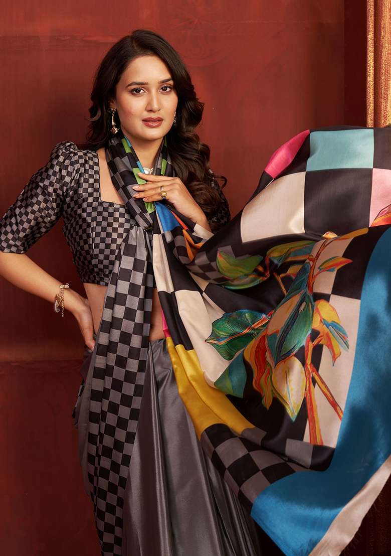 Grey Printed Crepe Saree Set for Diwali and Festive Wear - Indya