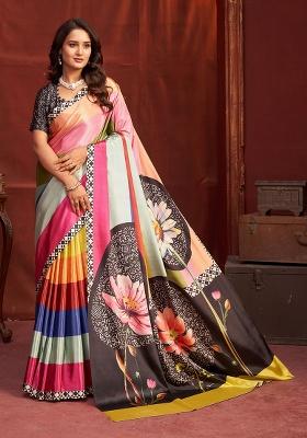 Pink Printed Crepe Saree Set