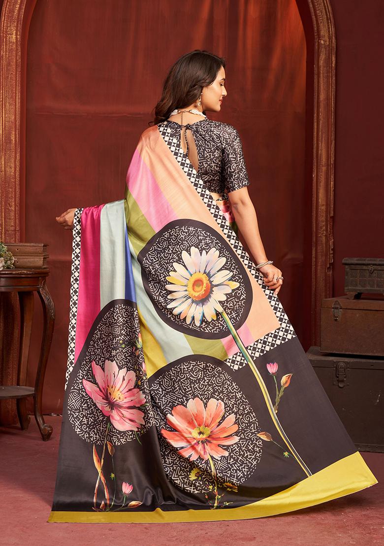 Pink Printed Crepe Saree Set - Indya