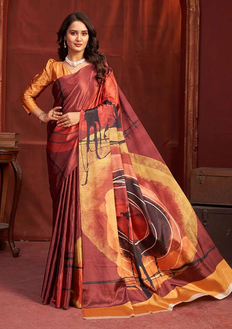 Orange Crepe Saree Set with Printed for Diwali | Wedding & Festive Wear - Indya