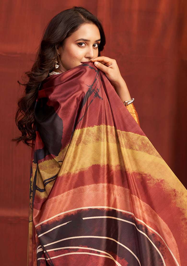 Orange Crepe Saree Set with Printed for Diwali | Wedding & Festive Wear - Indya