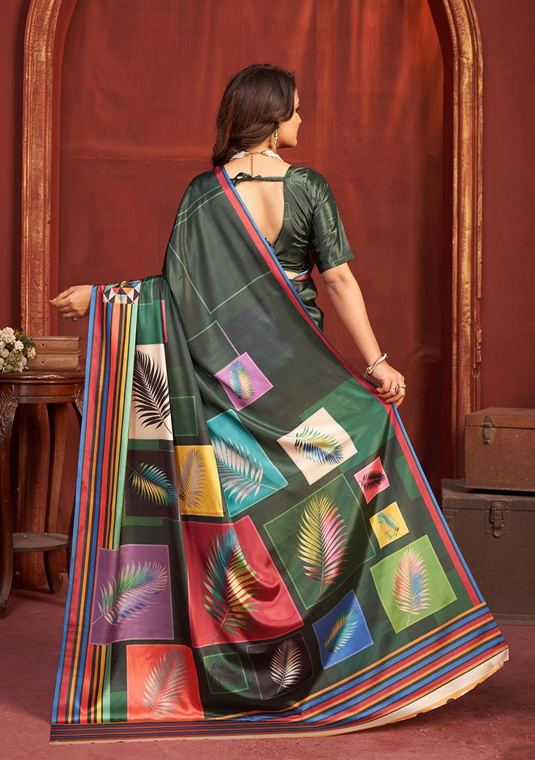 Black Printed Crepe Saree Set - Indya