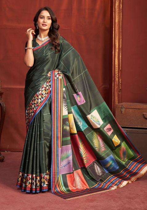 Black Printed Crepe Saree Set