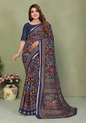Blue Printed Blended Cotton Saree Set