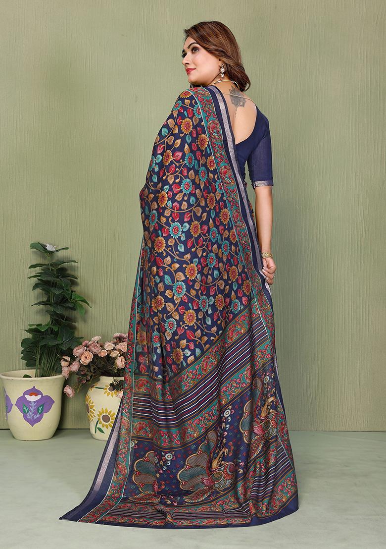 Blue Printed Blended Cotton Saree Set - Indya