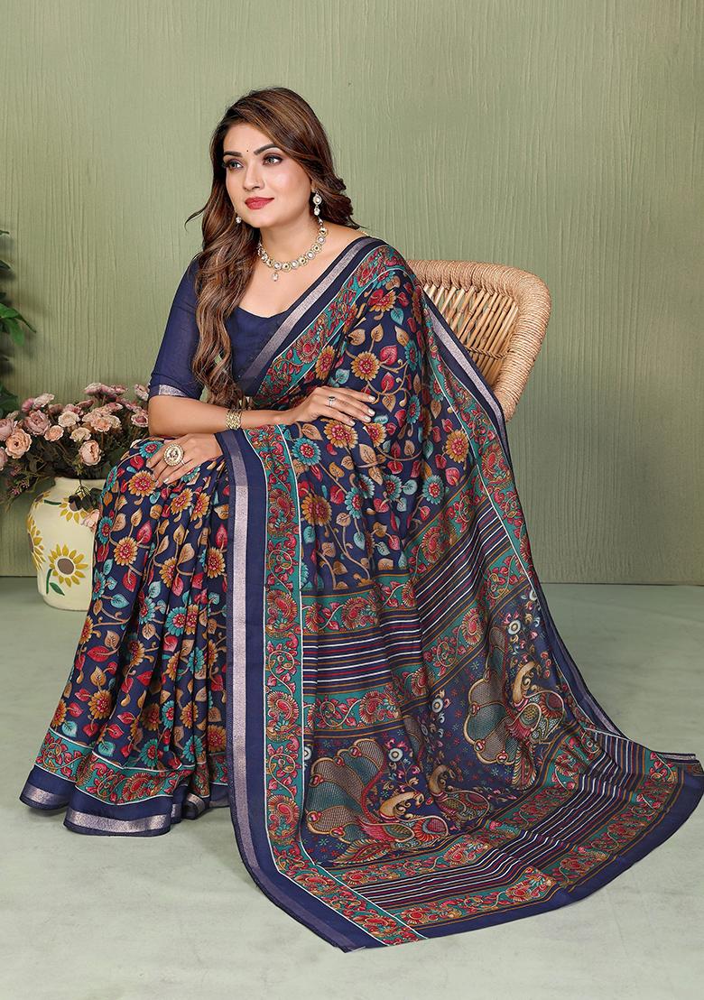 Blue Printed Blended Cotton Saree Set - Indya