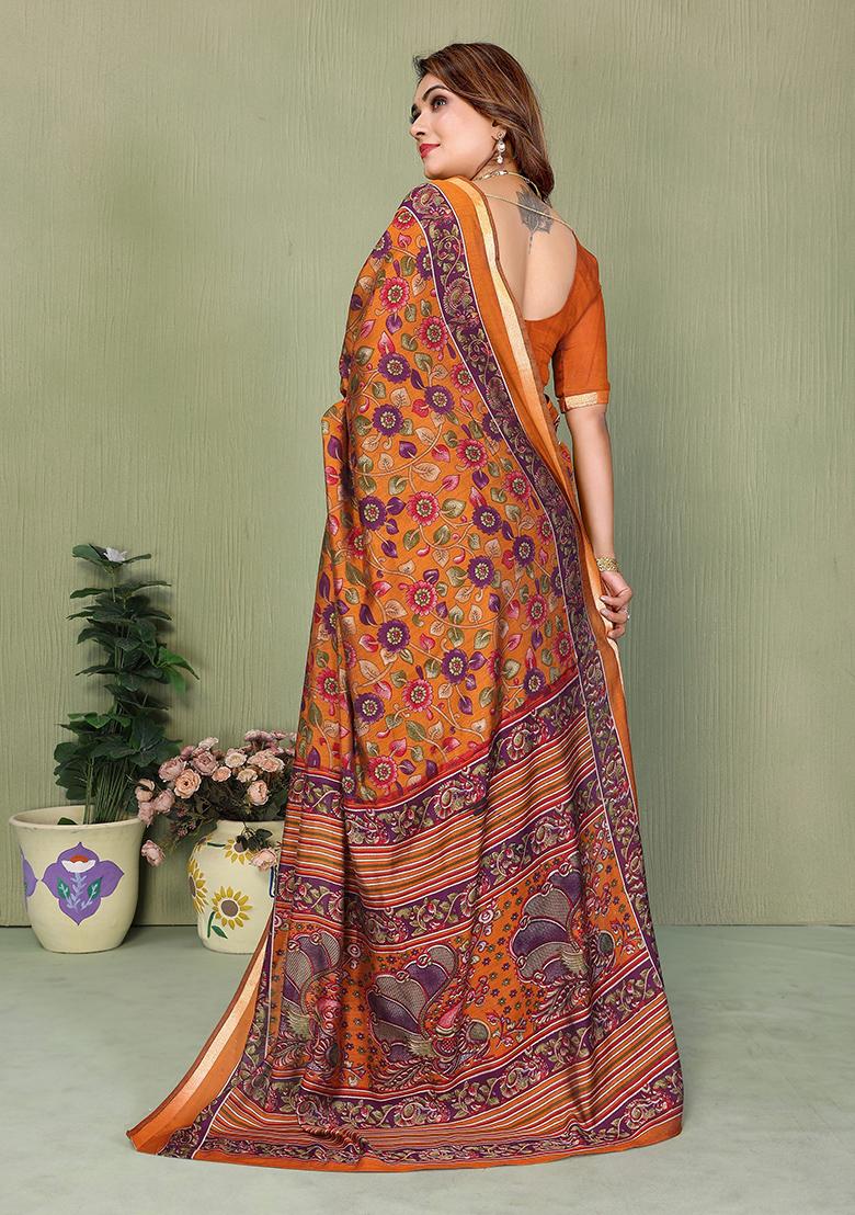 Mustard Printed Blended Cotton Saree Set - Indya