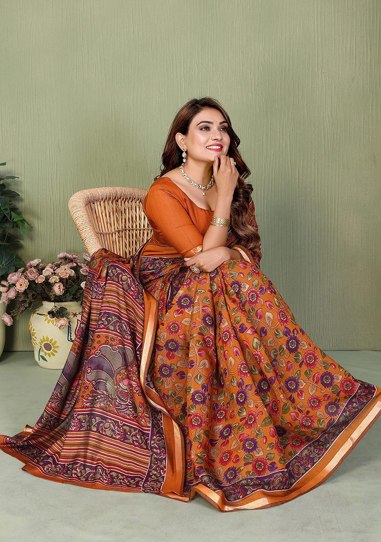 Mustard Printed Blended Cotton Saree Set - Indya