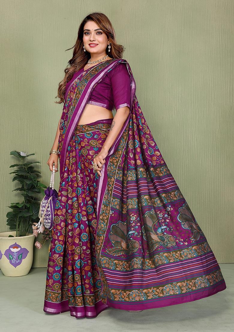 Purple Printed Blended Cotton Saree Set - Indya