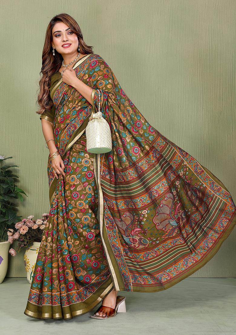 Green Printed Blended Cotton Saree Set - Indya
