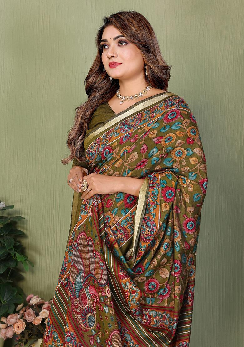 Green Printed Blended Cotton Saree Set - Indya