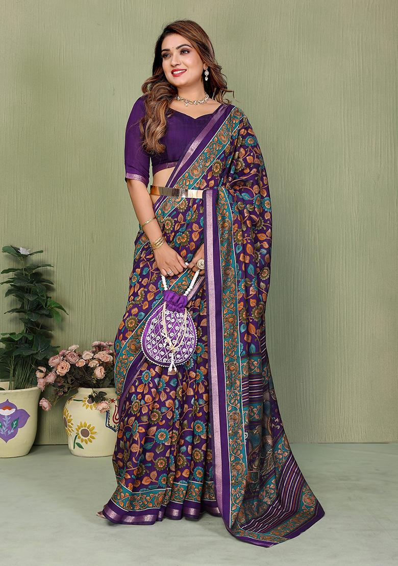 Violet Printed Blended Cotton Saree Set - Indya