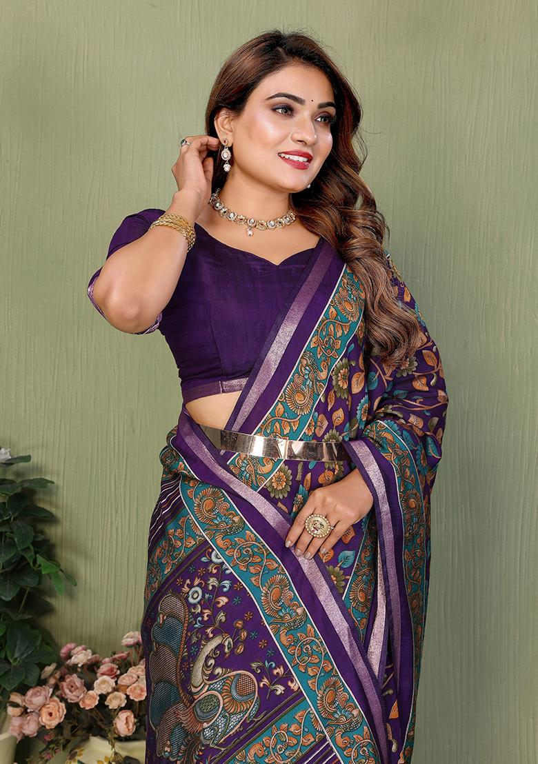Violet Printed Blended Cotton Saree Set - Indya