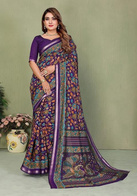 Violet Printed Blended Cotton Saree Set