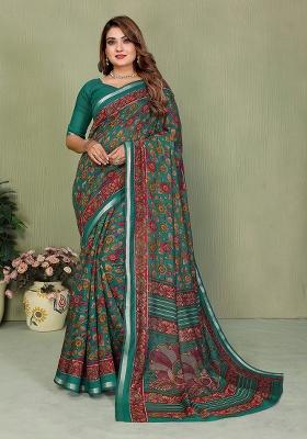 Green Printed Blended Cotton Saree Set