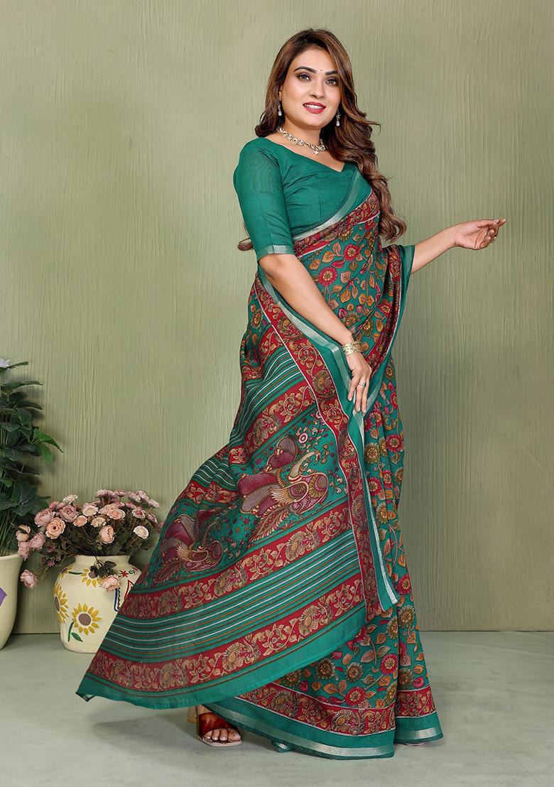 Green Printed Blended Cotton Saree Set - Indya