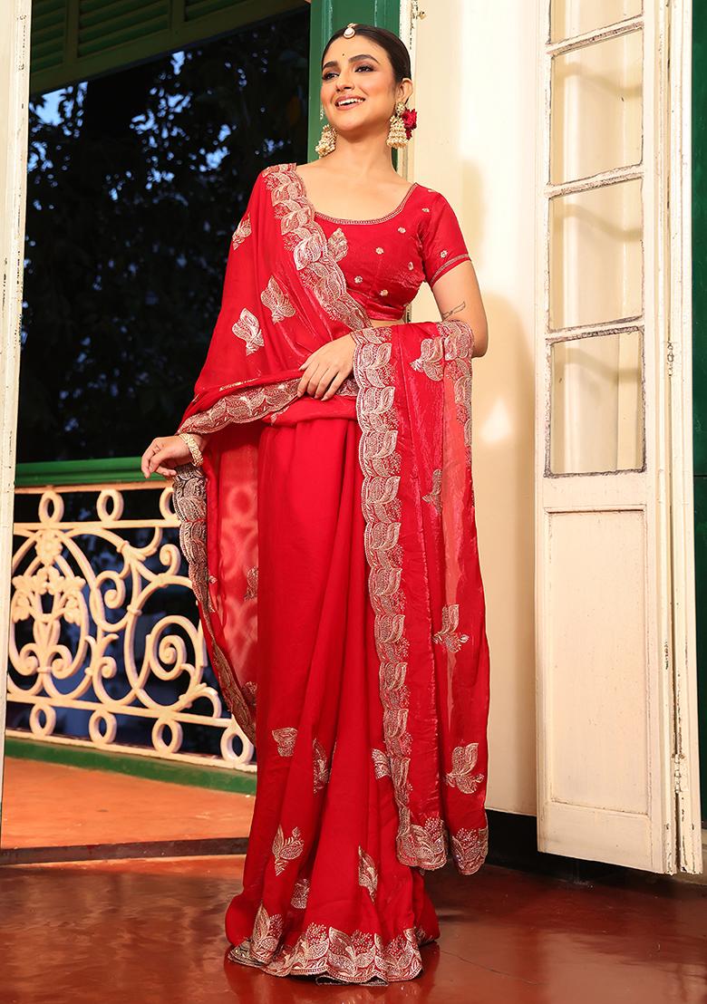 Red Embroidered Faux Tissue Saree Set - Indya