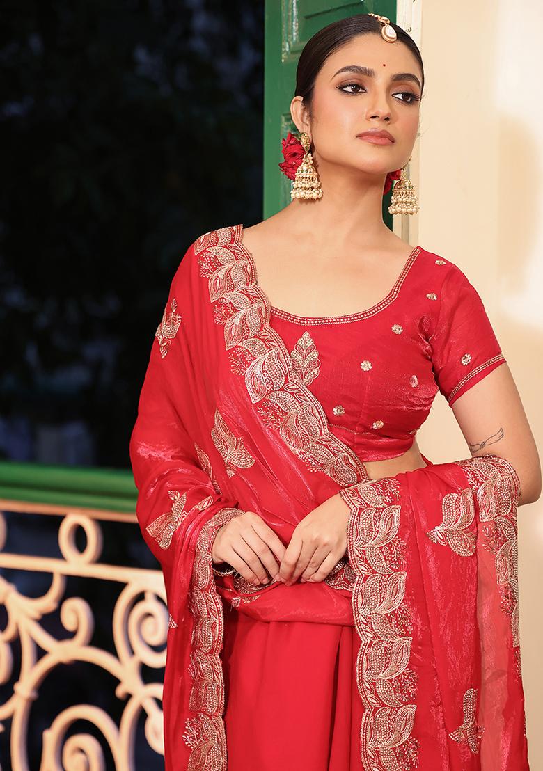 Red Embroidered Faux Tissue Saree Set - Indya