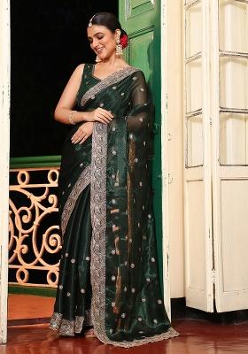 Green Embroidered Organza Saree Set