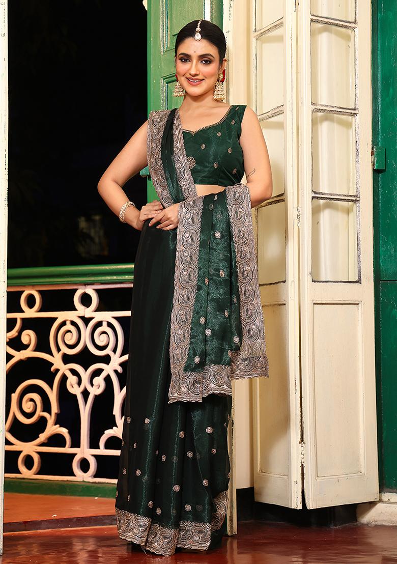 Green Embroidered Organza Saree Set - Indya