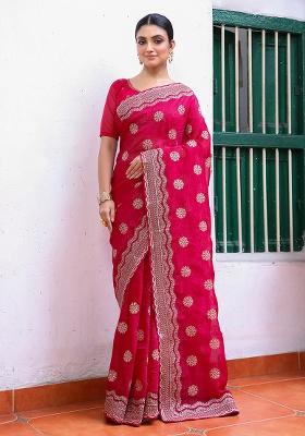 Pink Embroidered Chiffon Saree Set