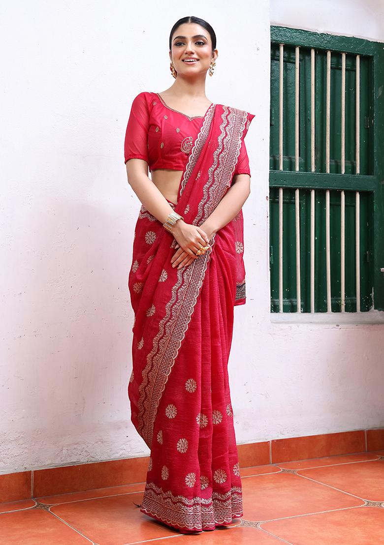 Pink Embroidered Chiffon Saree Set - Indya