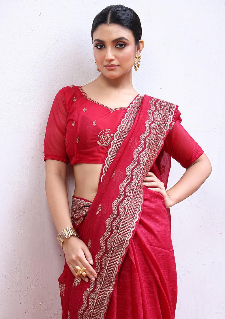Pink Embroidered Chiffon Saree Set - Indya