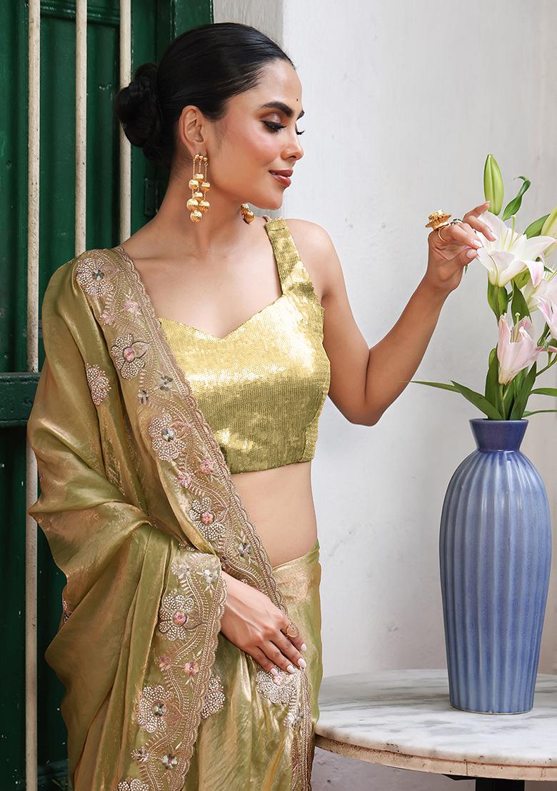 Green Embroidered Faux Tissue Saree Set - Indya