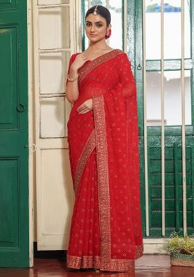 Maroon Embroidered Chiffon Saree Set