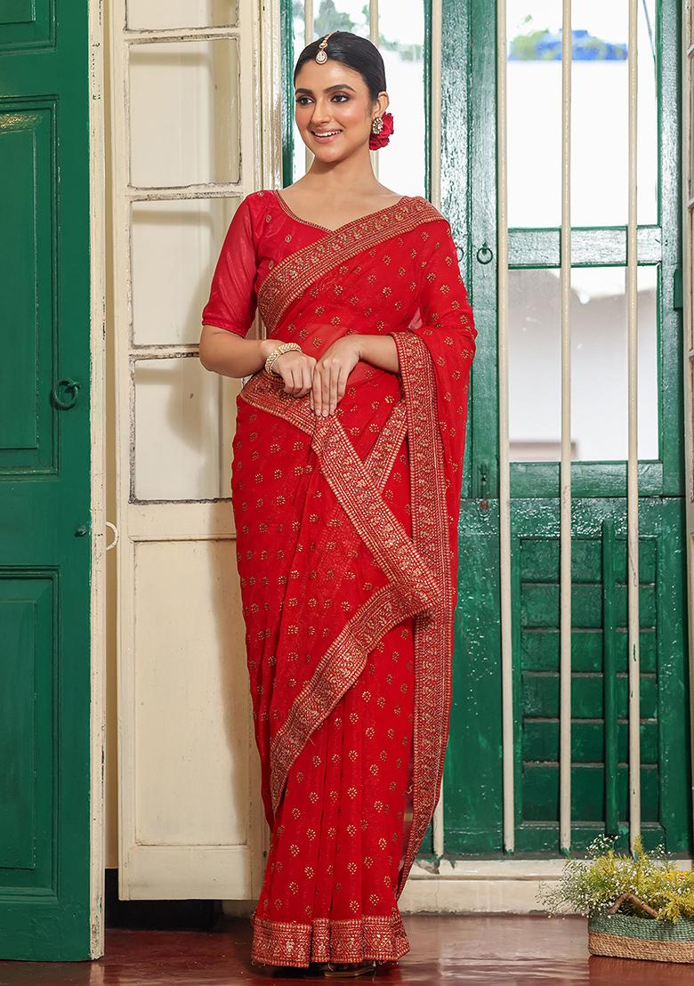 Maroon Embroidered Chiffon Saree Set - Indya