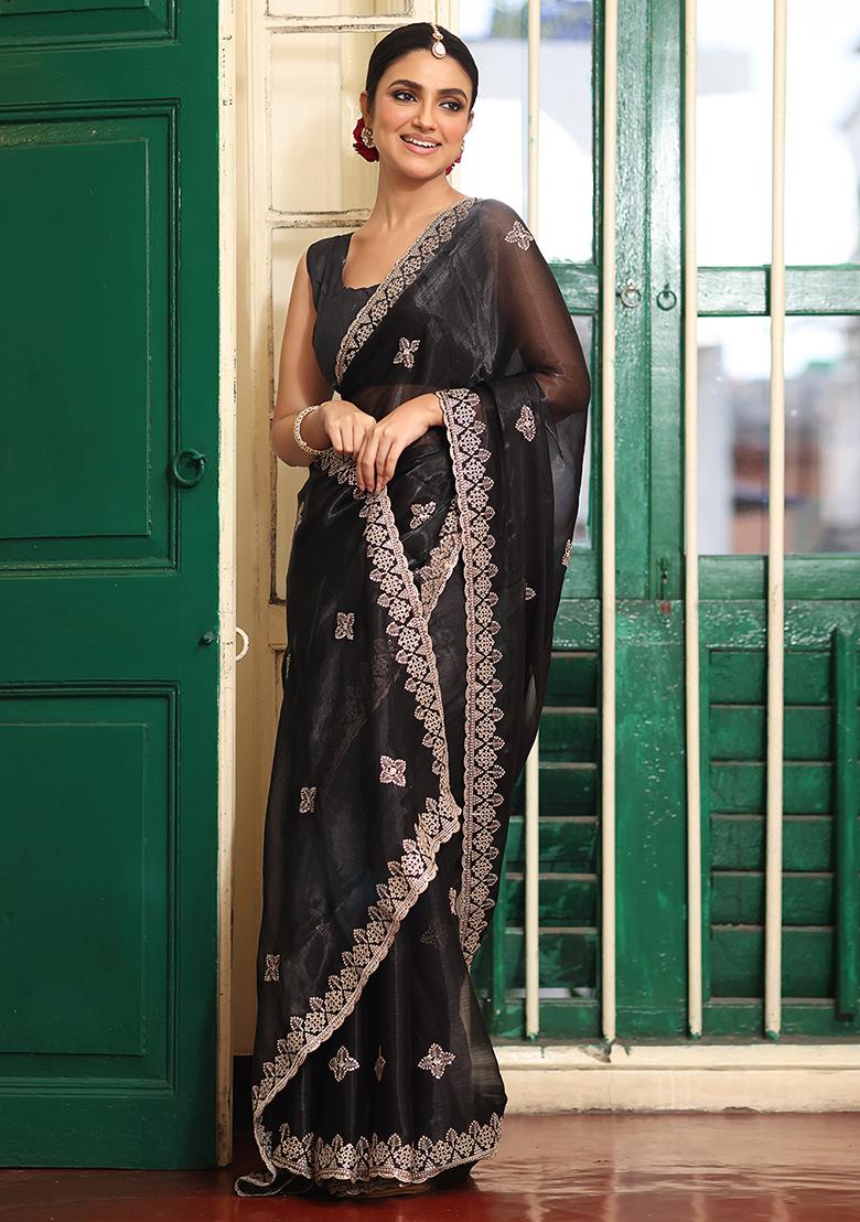 Black Embroidered Organza Saree Set - Indya