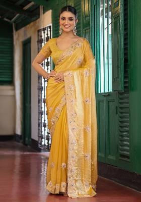 Yellow Embroidered Faux Tissue Saree Set