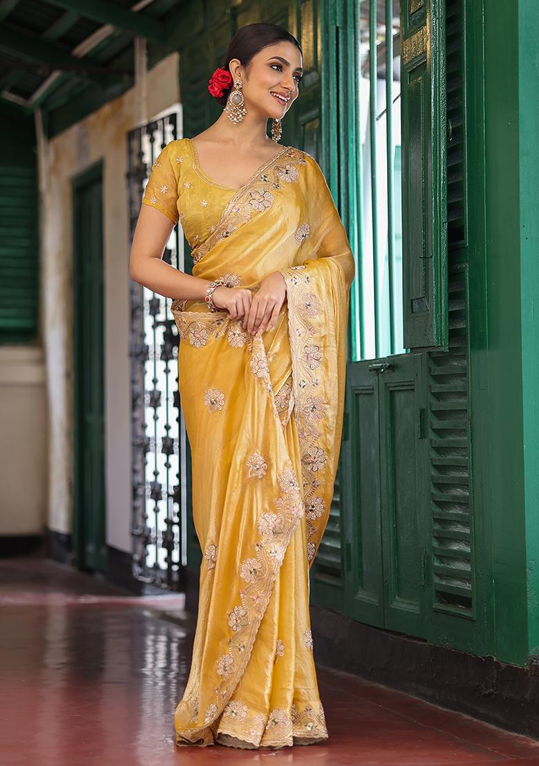 Yellow Embroidered Faux Tissue Saree Set - Indya